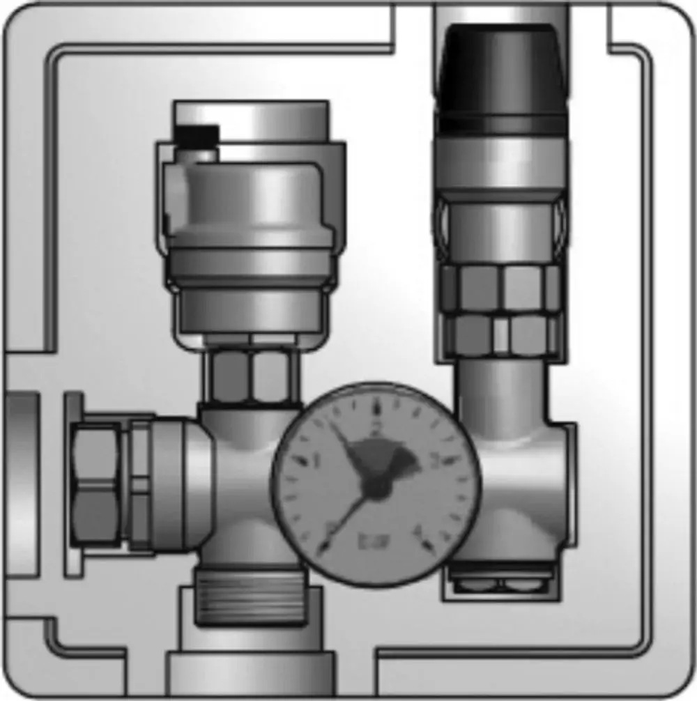 Sicherheitsgruppe von Wolf mit Druckmanometer, Absperrventilen und Anschlüssen, die für den Einsatz bei Wärmepumpen konzipiert ist. Gerät in schematischer Darstellung.